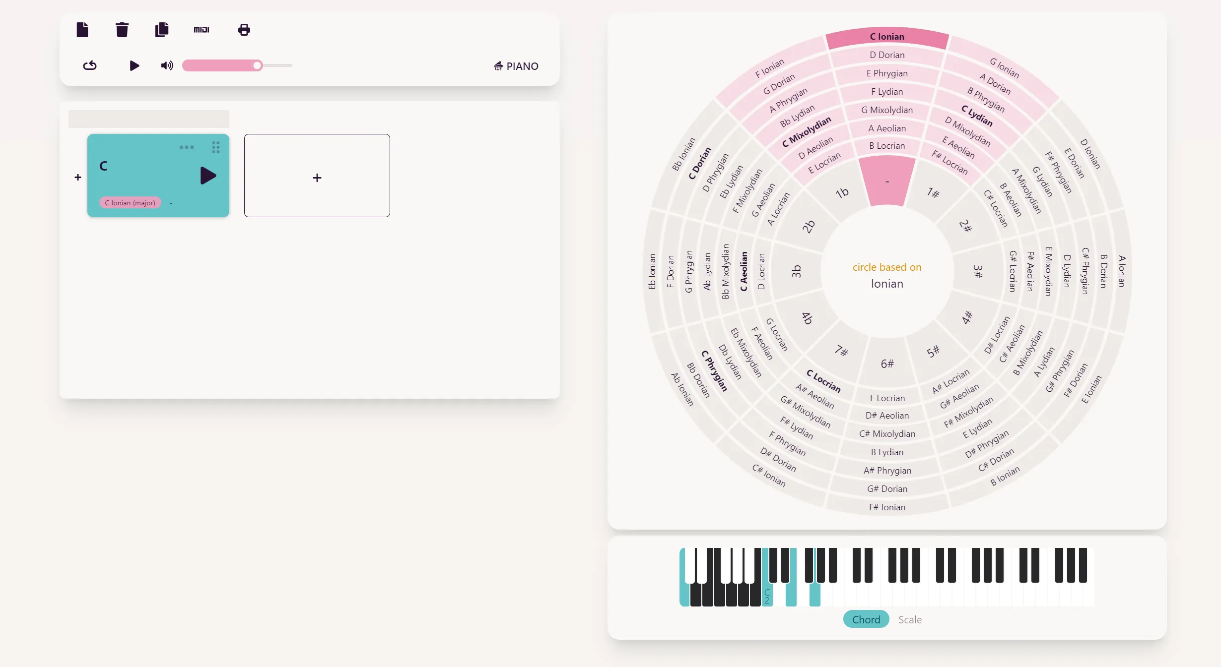 Hovering a chord illuminates the Circle of Fifths